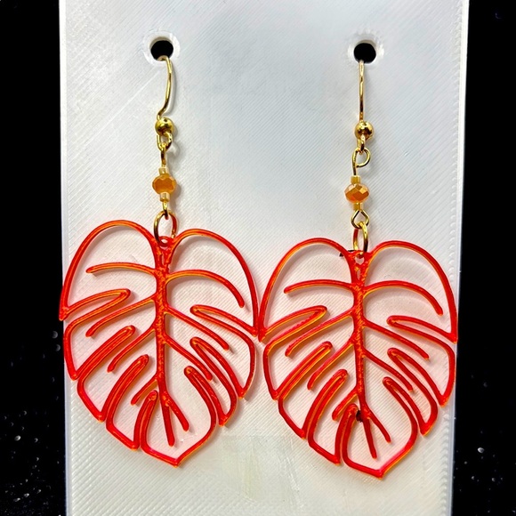 Gold and Red Monstera Earrings - Picture 1 of 4
